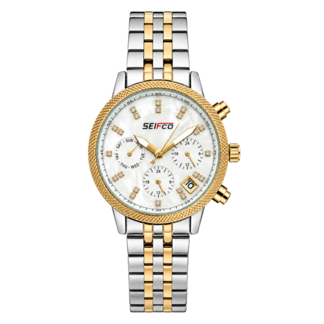 SEIFCO Classic Women’s Stainless Steel Quartz Watch with White Dial and Silver Gold Bracelet