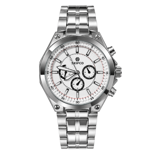 SEIFCO Classic Men’s Stainless Steel Quartz Watch with White Dial and Silver Bracelet