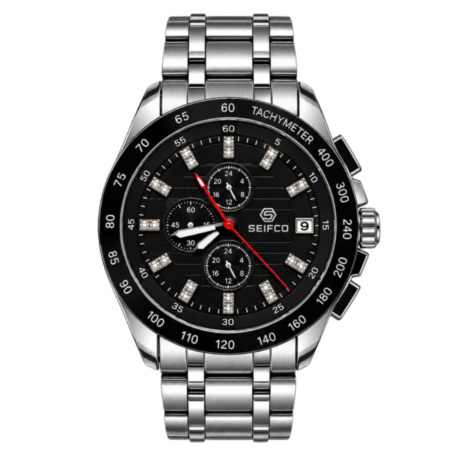 Men’s Silver Watch with Black Dial and Crystal Accents