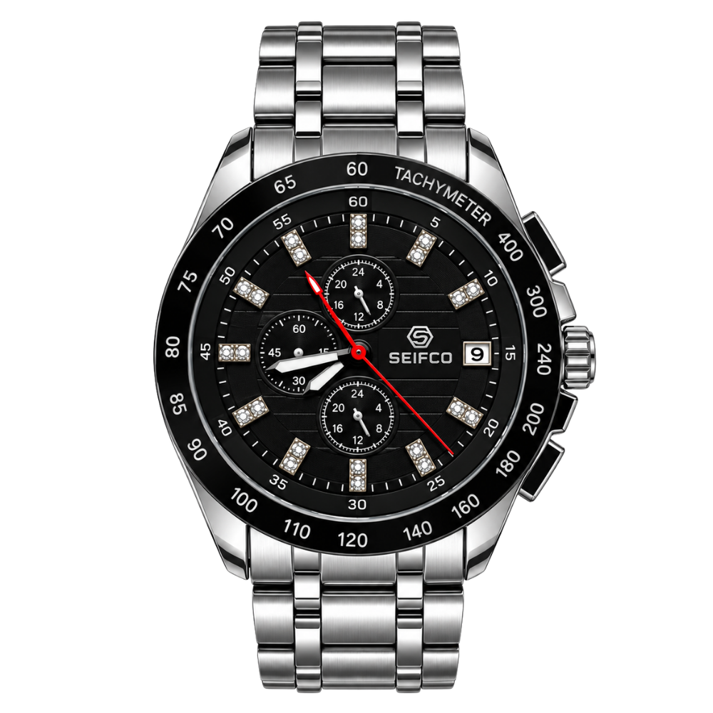 Men’s Silver Watch with Black Dial and Crystal Accents