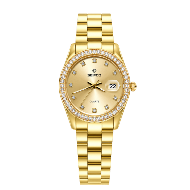 SEIFCO Classic Unisex Stainless Steel Watch with Gold Dial and  Gold Bracelet