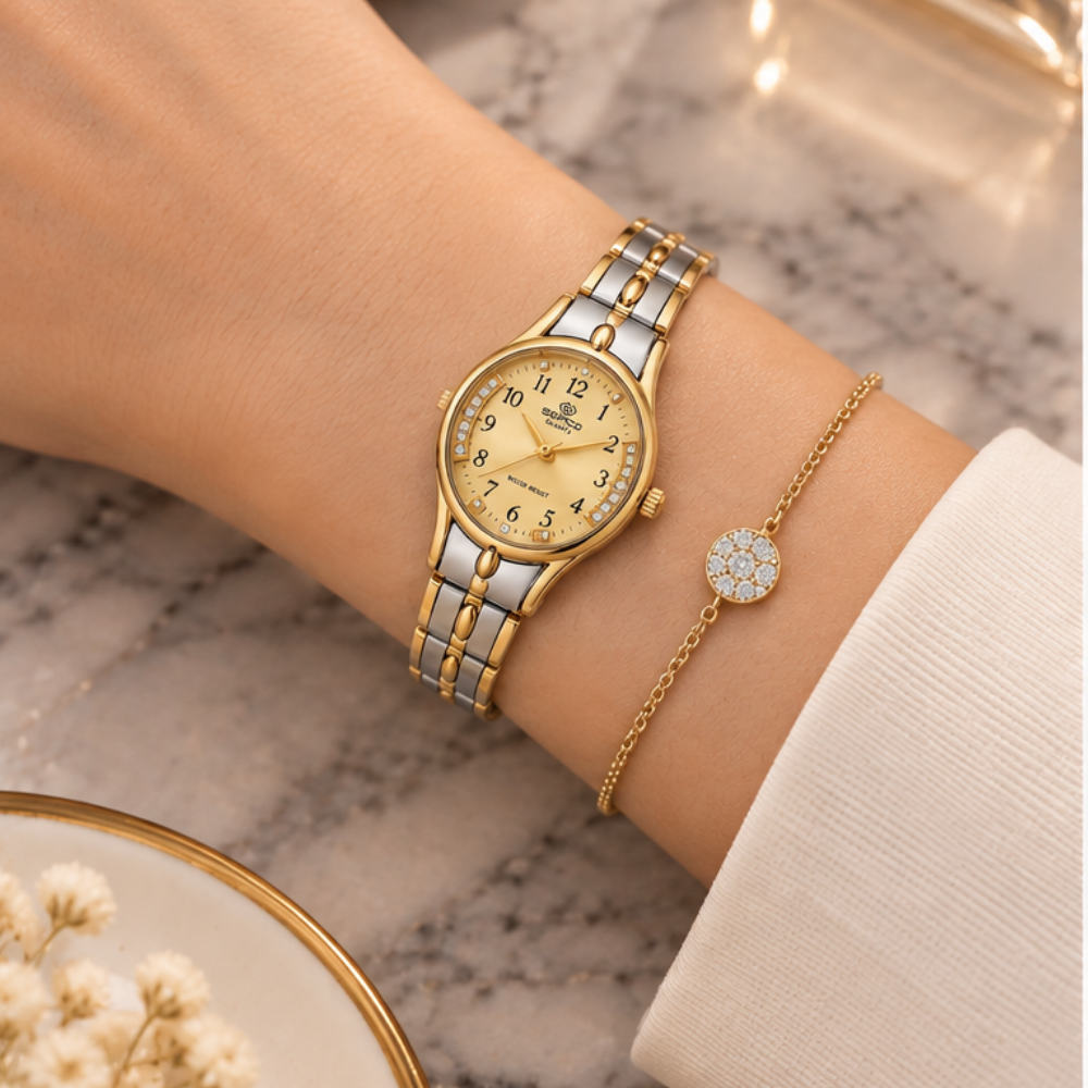 Women’s Two-Tone Watch with Gold Dial and Crystal Accents - الصورة 3