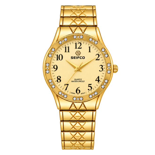 SEIFCO Classic Women’s Stainless Steel Quartz Watch with Gold Dial and Gold Bracelet