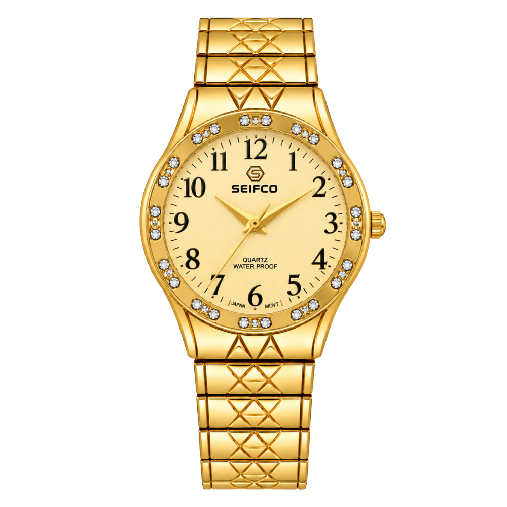 SEIFCO Classic Women’s Stainless Steel Quartz Watch with Gold Dial and Gold Bracelet
