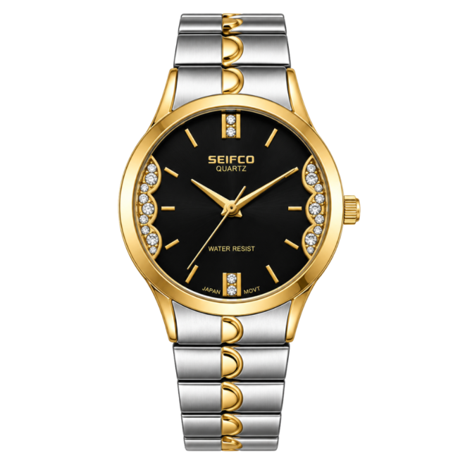 SEIFCO Classic Women’s Stainless Steel Quartz Watch with Black Dial and Silver Gold Bracelet