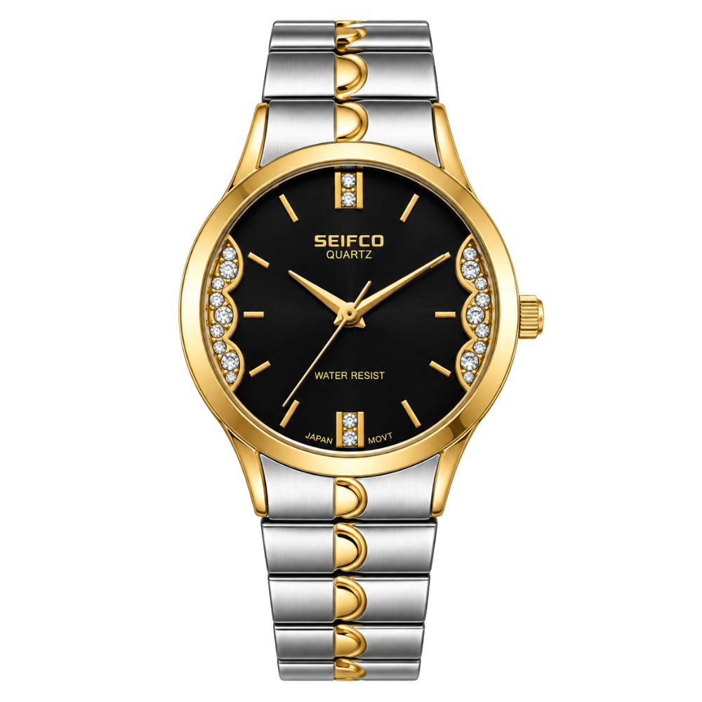 SEIFCO Classic Women’s Stainless Steel Quartz Watch with Black Dial and Silver Gold Bracelet