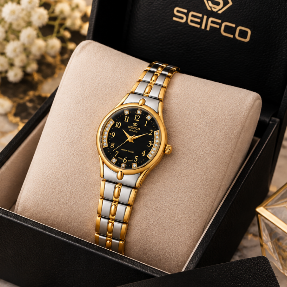 Women’s Two-Tone Watch with Black Dial and Crystal Accents - الصورة 3