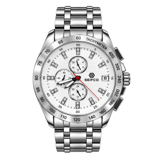 Men’s Silver Watch with White Dial and Crystal Accents