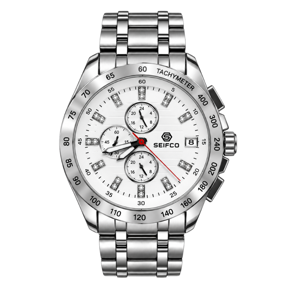 Men’s Silver Watch with White Dial and Crystal Accents