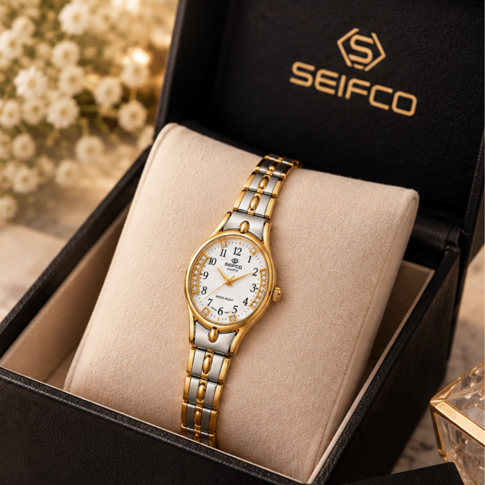 Women’s Two-Tone Watch with White Dial and Crystal Accents - الصورة 2