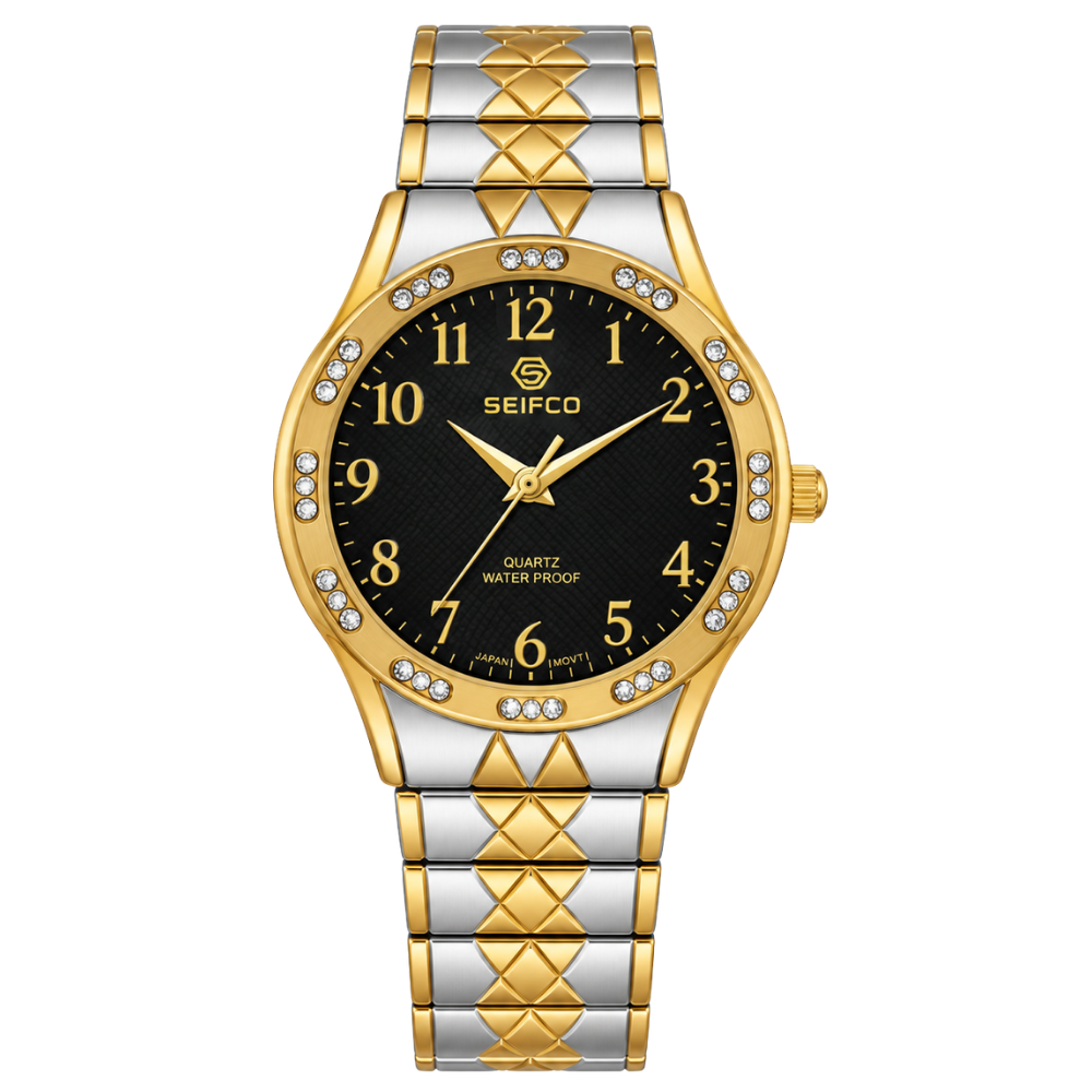 SEIFCO Classic Men’s Stainless Steel Quartz Watch with Black Dial and Silver-Gold Bracelet