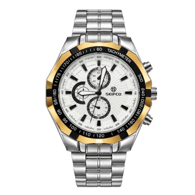 SEIFCO Classic Men’s Stainless Steel Quartz Watch with White Dial, Black Tachymeter Bezel and Silver Bracelet