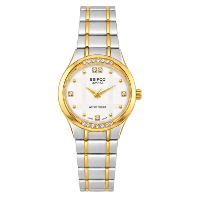SEIFCO Classic Unisex Stainless Steel Watch with White Dial and Silver Gold Bracelet