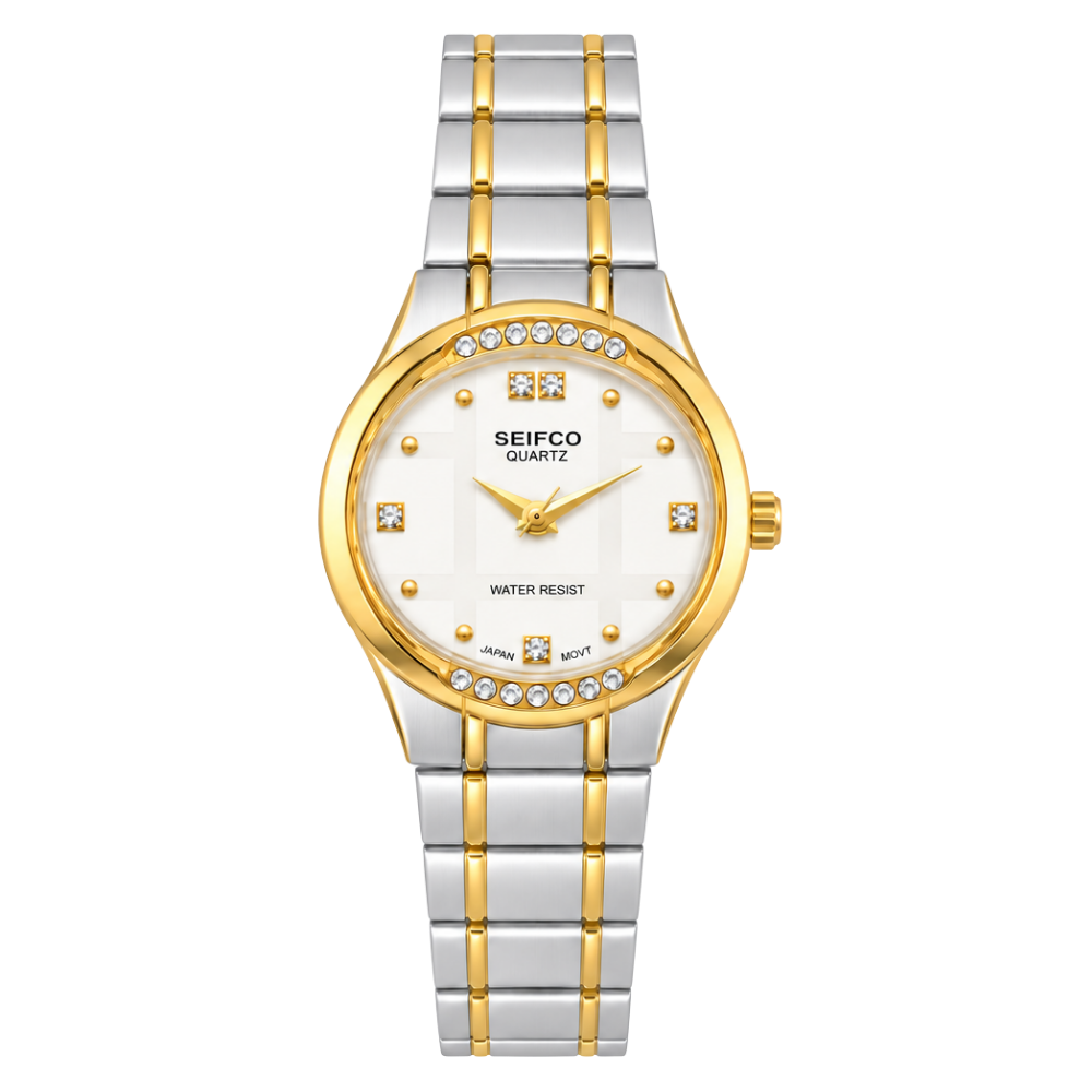 SEIFCO Classic Unisex Stainless Steel Watch with White Dial and Silver Gold Bracelet
