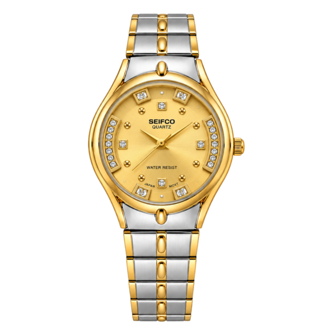 SEIFCO Classic Women’s Stainless Steel Quartz Watch with Gold Dial and Silver Gold Bracelet