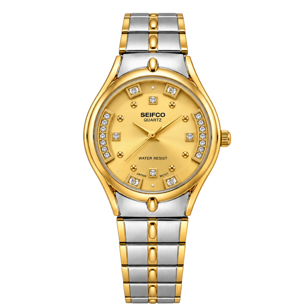 SEIFCO Classic Women’s Stainless Steel Quartz Watch with Gold Dial and Silver Gold Bracelet