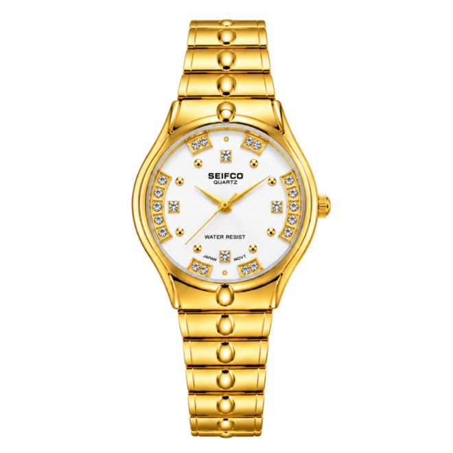 SEIFCO Classic Unisex Stainless Steel Watch with White Dial and Gold Bracelet