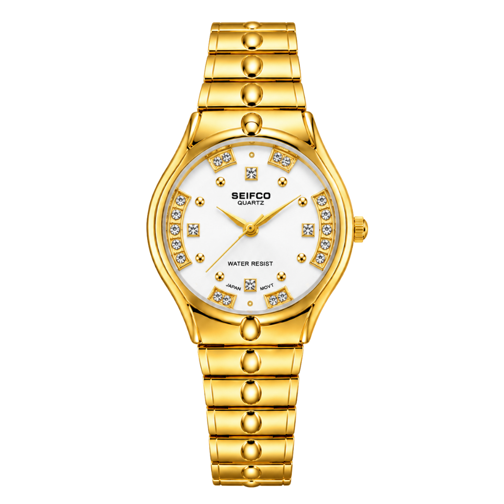 SEIFCO Classic Unisex Stainless Steel Watch with White Dial and Gold Bracelet