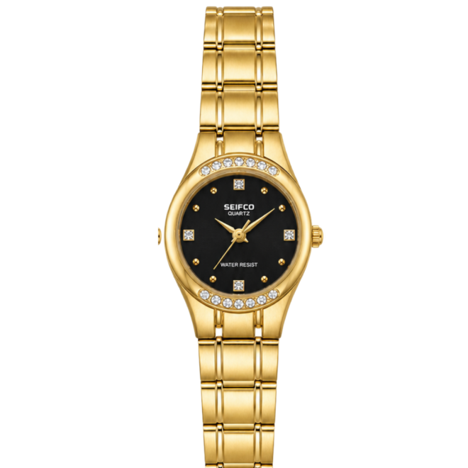SEIFCO Classic Women’s Stainless Steel Watch with Black Dial and Gold Bracelet