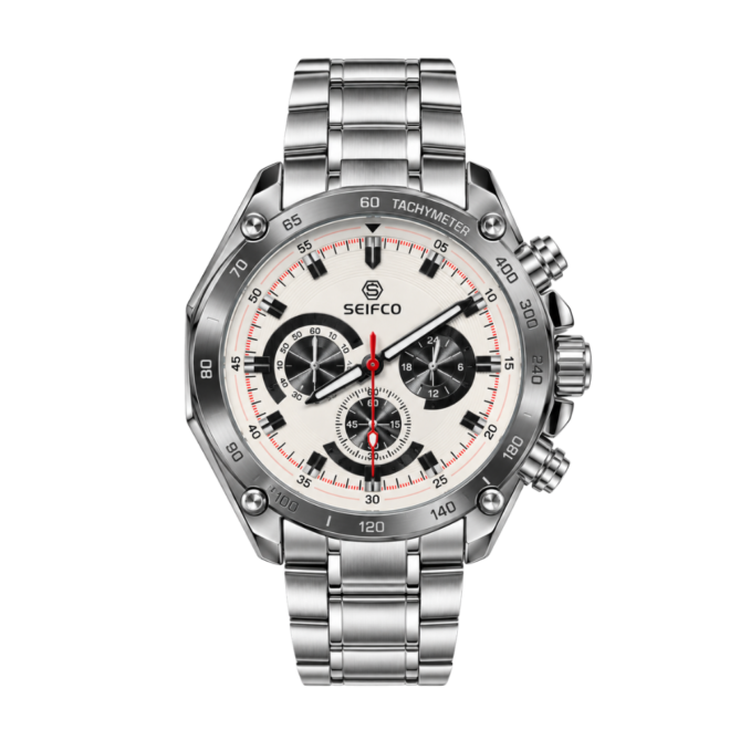 SEIFCO Classic Men’s Stainless Steel Quartz Watch with White Dial and Silver Bracelet