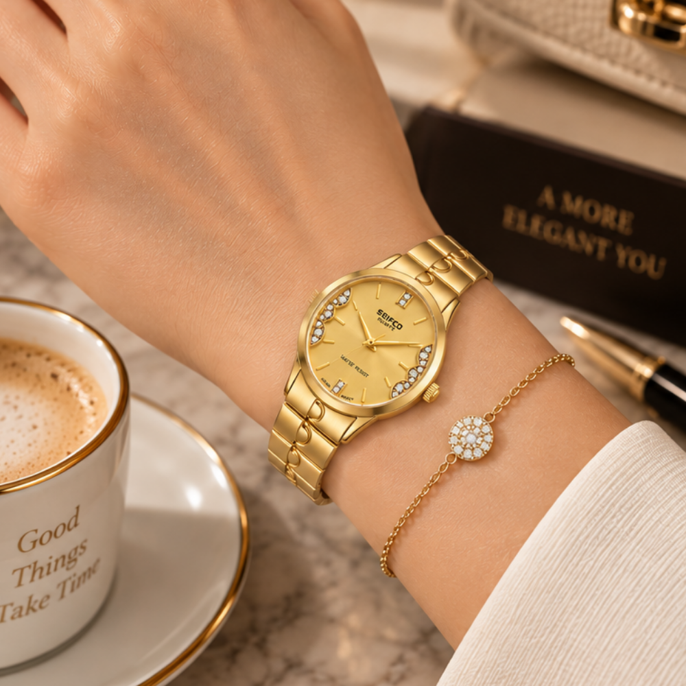 Women’s Gold Watch with Gold Dial and Crystal Accents - الصورة 2