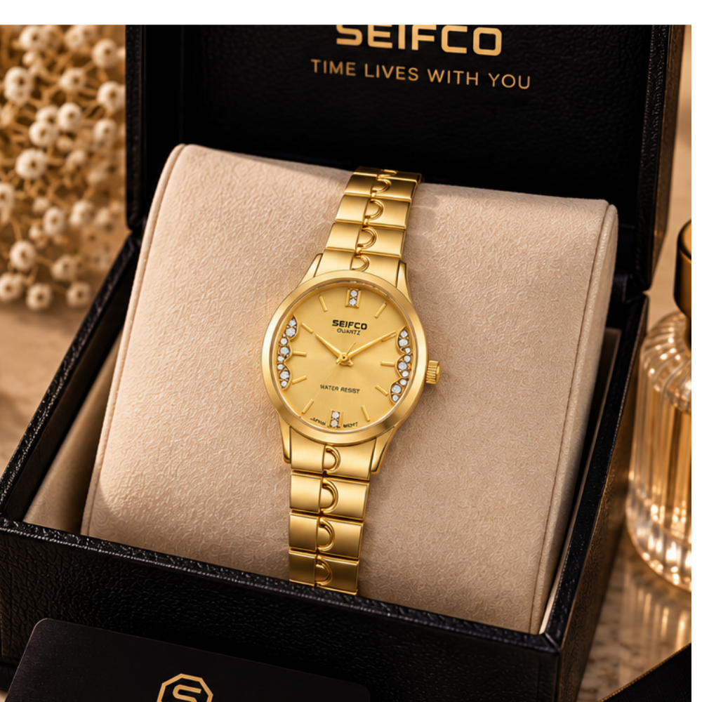 Women’s Gold Watch with Gold Dial and Crystal Accents - الصورة 3