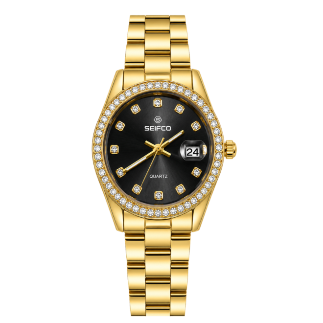 SEIFCO Classic Unisex Stainless Steel Watch with Black Dial and  Gold Bracelet