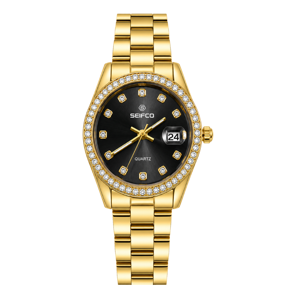 SEIFCO Classic Unisex Stainless Steel Watch with Black Dial and Gold Bracelet