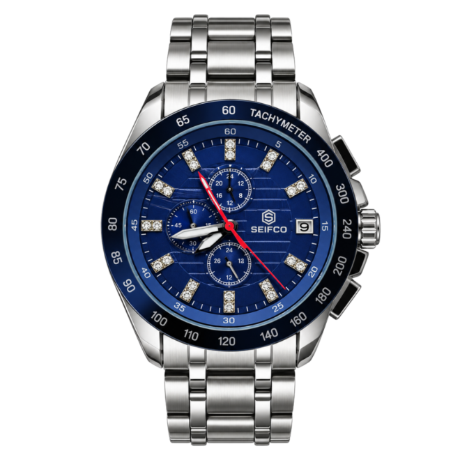 Men’s Silver Watch with Blue Dial and Crystal Accents