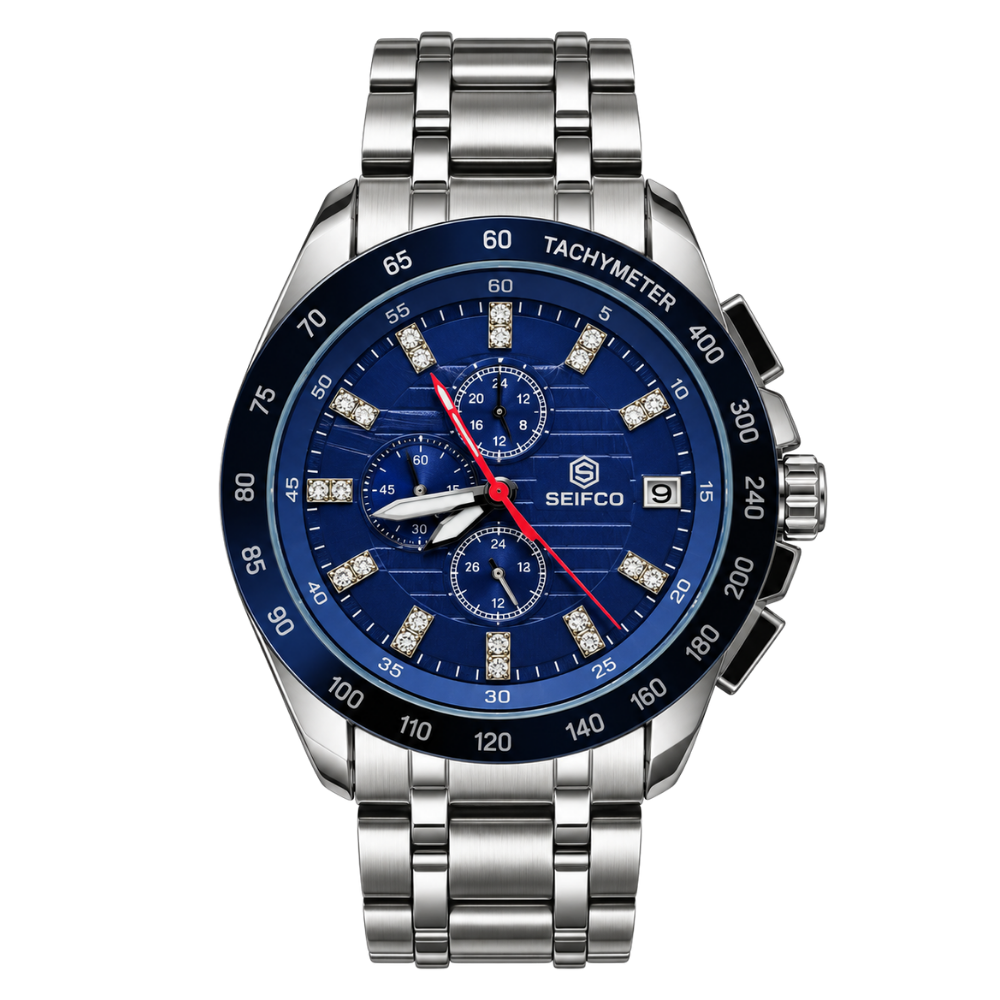 Men’s Silver Watch with Blue Dial and Crystal Accents