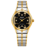 SEIFCO Classic Unisex Stainless Steel Quartz Watch with Black Dial and Silver Gold Bracelet