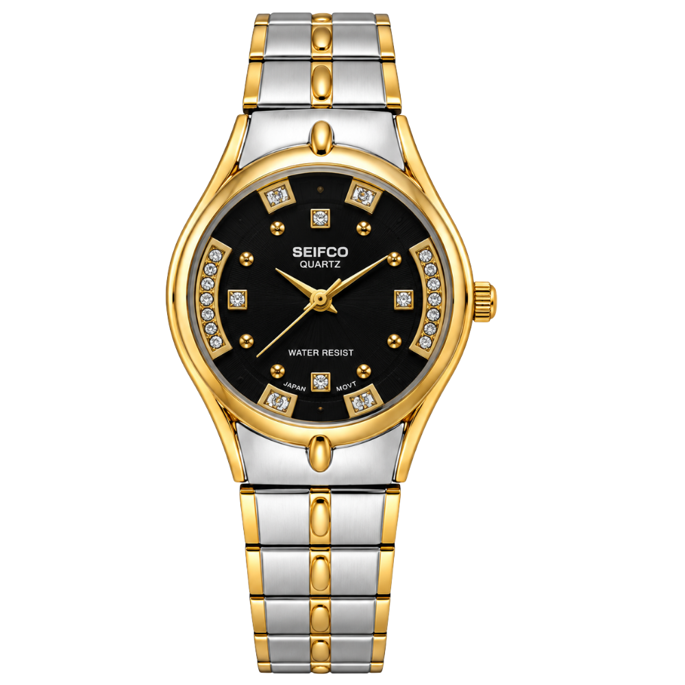 SEIFCO Classic Women’s Stainless Steel Quartz Watch with Black Dial and Silver Gold Bracelet