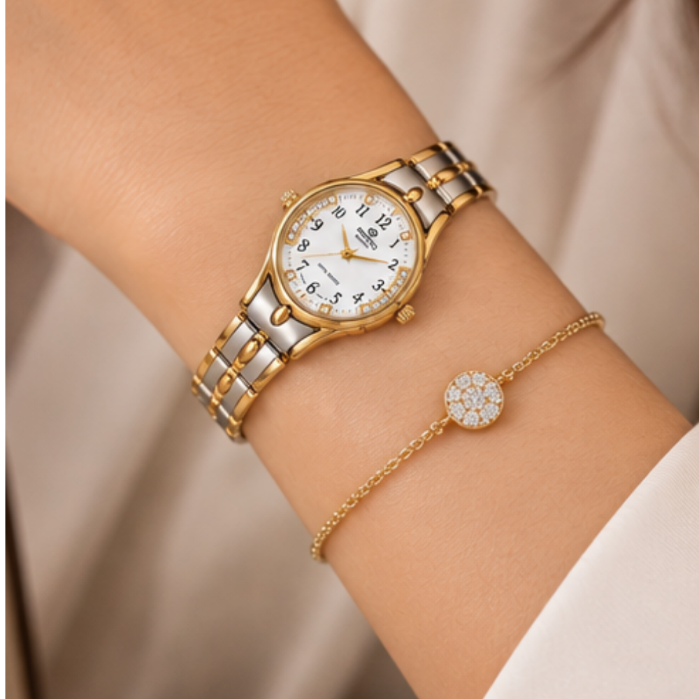 Women’s Two-Tone Watch with White Dial and Crystal Accents - الصورة 3