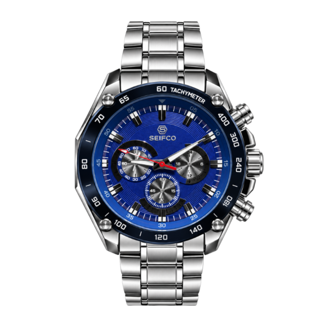 Men’s Stainless Steel Watch with Blue Dial and Silver Bracelet