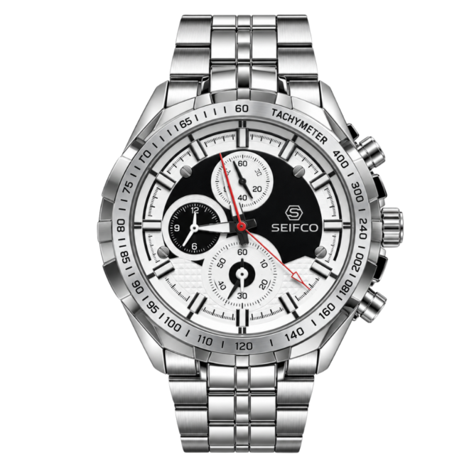 SEIFCO Classic Men’s Stainless Steel Quartz Watch with Black and White Dial and Silver Bracelet