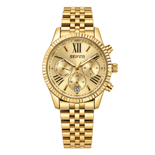 SEIFCO Classic Women’s Stainless Steel Quartz Watch with Gold Dial and Gold Bracelet