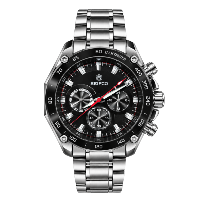 SEIFCO Classic Men’s Stainless Steel Quartz Watch with Black Dial, Black Tachymeter Bezel and Silver Bracelet
