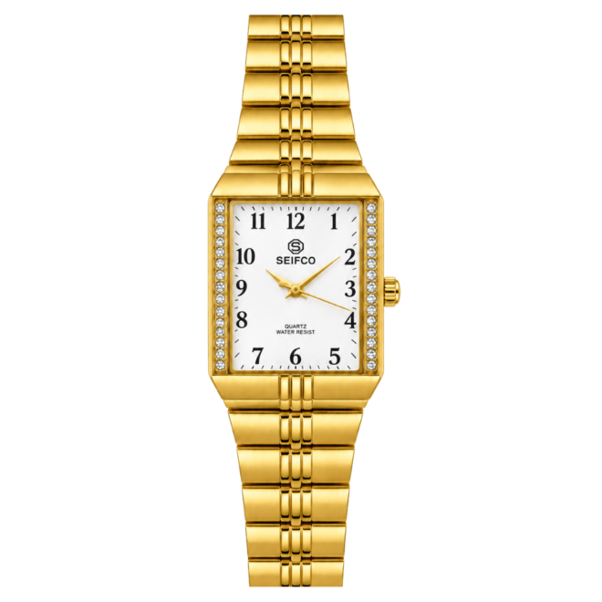 SEIFCO Classic Unisex Stainless Steel Watch with White Dial and Gold Bracelet