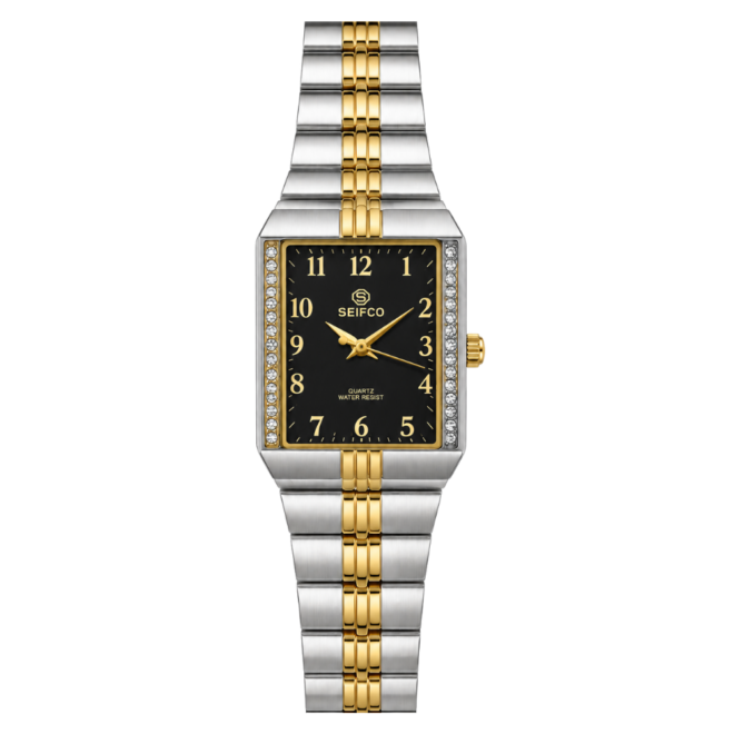 Unisex Two-Tone Watch with Black Dial and Crystal Accents