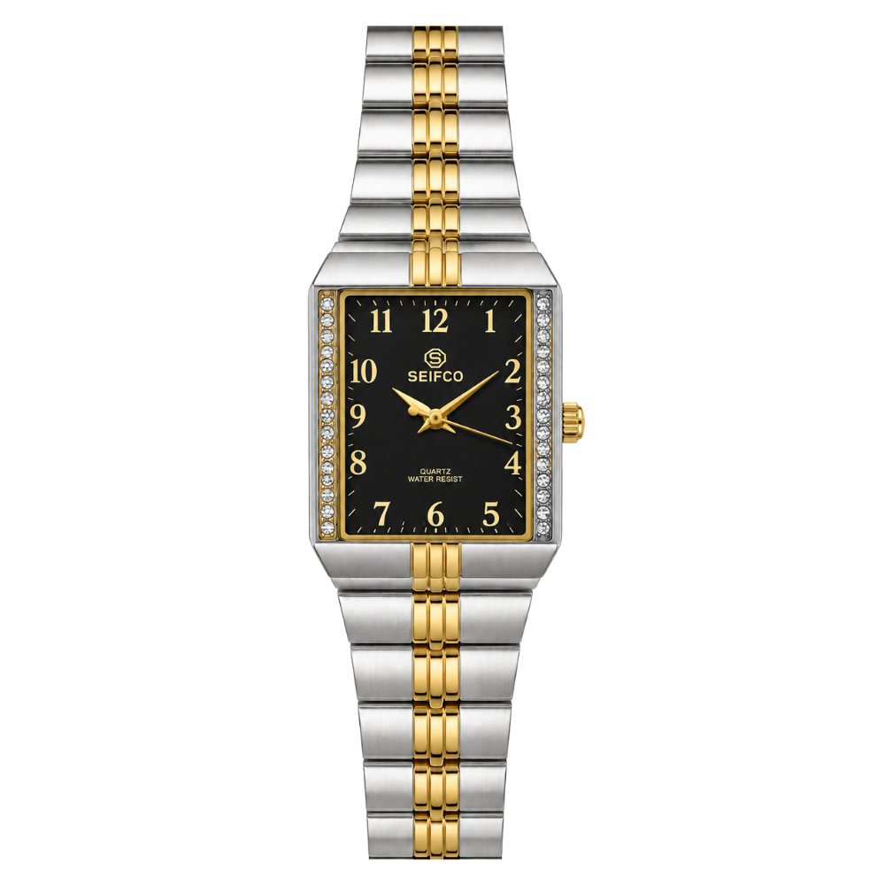 Unisex Two-Tone Watch with Black Dial and Crystal Accents