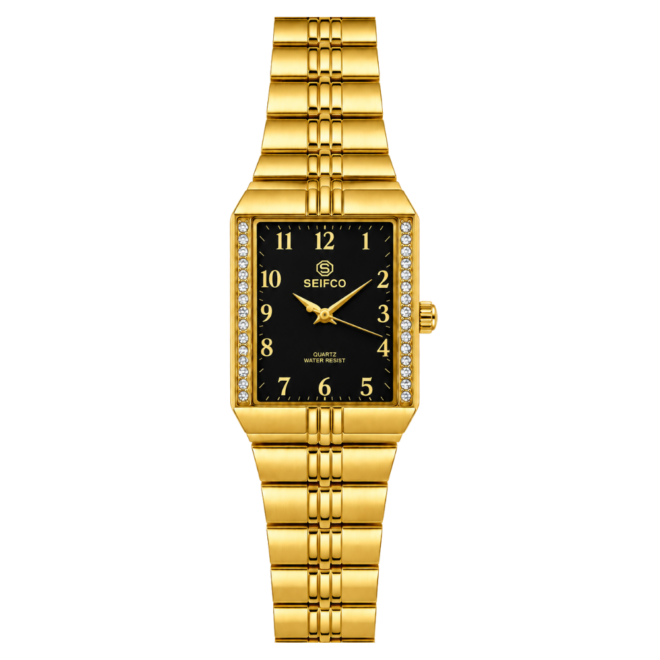 Unisex Gold Watch with Black Dial and Crystal Accents