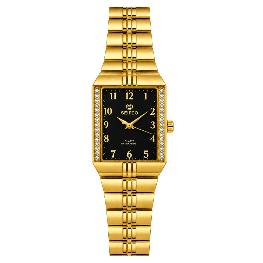 Unisex Gold Watch with Black Dial and Crystal Accents