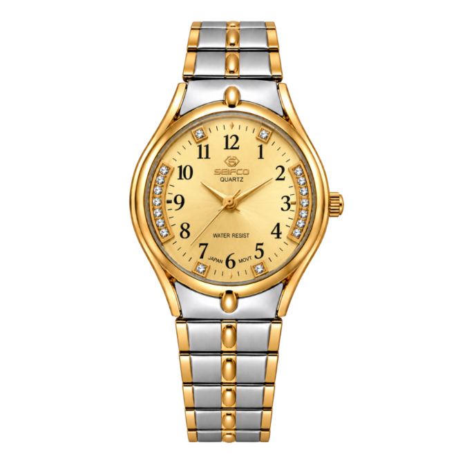 Women’s Two-Tone Watch with Gold Dial and Crystal Accents