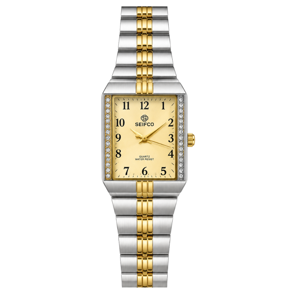 Unisex Two-Tone Watch with Gold Dial and Crystal Accents