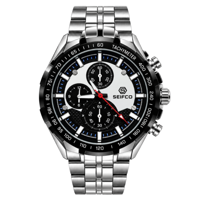 SEIFCO Classic Men’s Stainless Steel Quartz Watch with Navy Blue and White Dial and Silver Bracelet