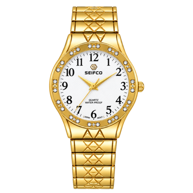 SEIFCO Classic Unisex Stainless Steel Watch with White Dial and Gold Bracelet