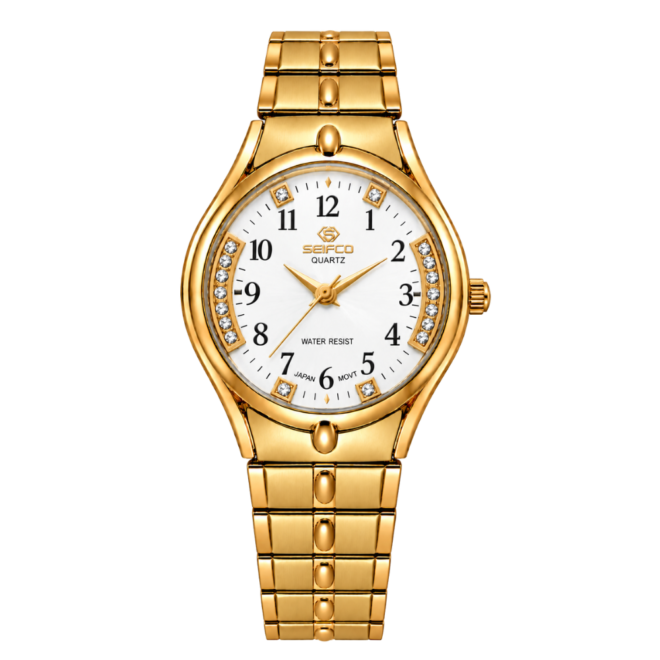 SEIFCO Classic Unisex Stainless Steel Quartz Watch with White Dial and Gold Bracelet