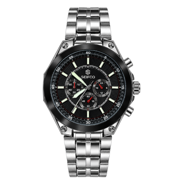 SEIFCO Classic Men’s Stainless Steel Quartz Watch with Black Dial and Silver Bracelet