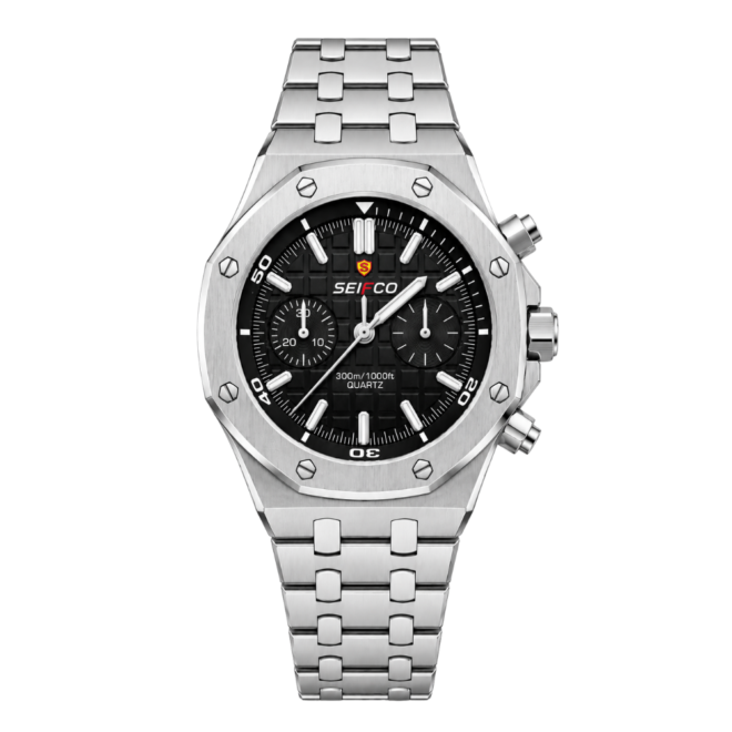 SEIFCO Sport Men’s Stainless Steel Quartz Watch with Textured Black Dial and Silver Bracelet