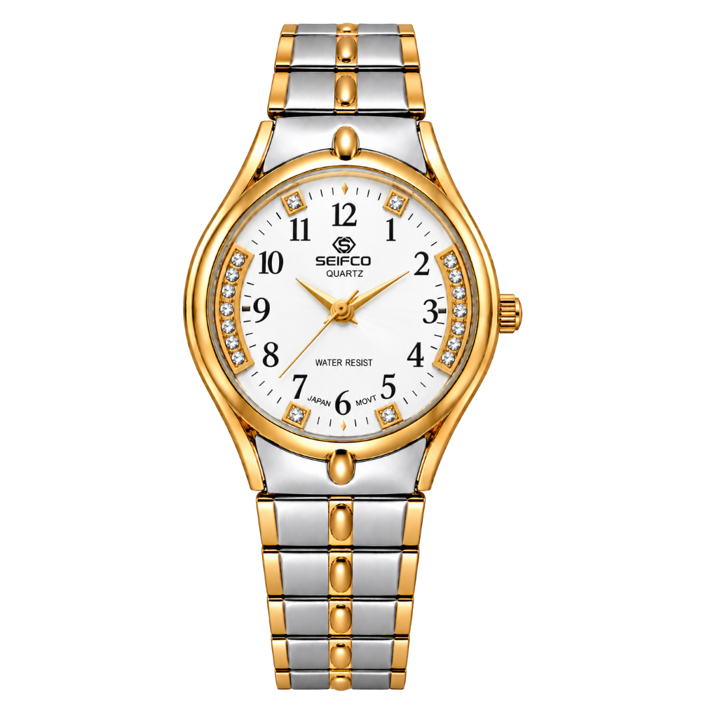 Women’s Two-Tone Watch with White Dial and Crystal Accents